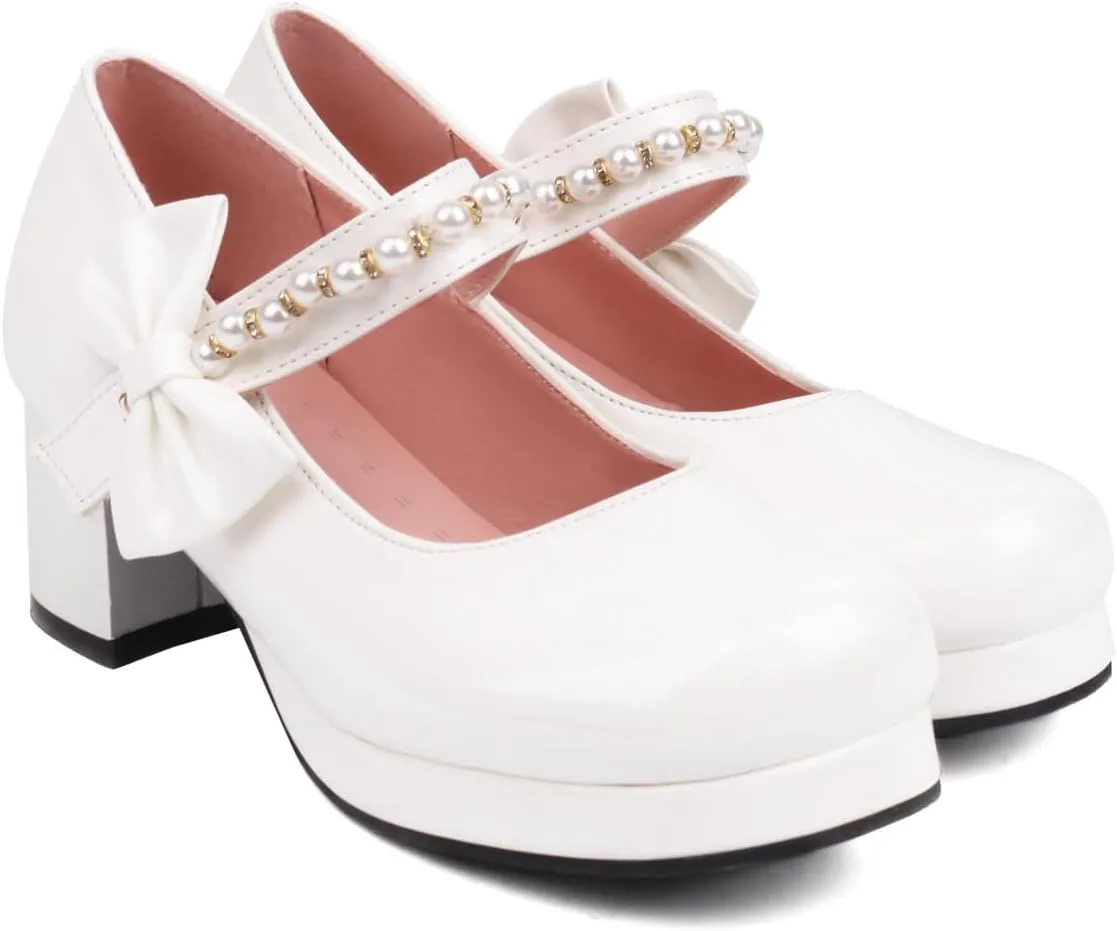 Women's Platform Mary Janes Chunky High Heel Kawaii Ankle Strap Patent Pumps Closed Round Toe Cute Bow Party Dress Goth Shoes