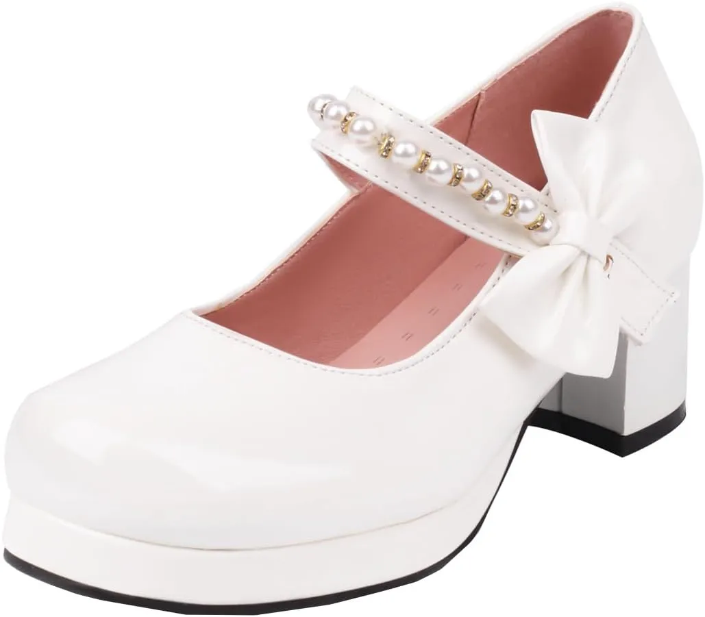 Women's Platform Mary Janes Chunky High Heel Kawaii Ankle Strap Patent Pumps Closed Round Toe Cute Bow Party Dress Goth Shoes