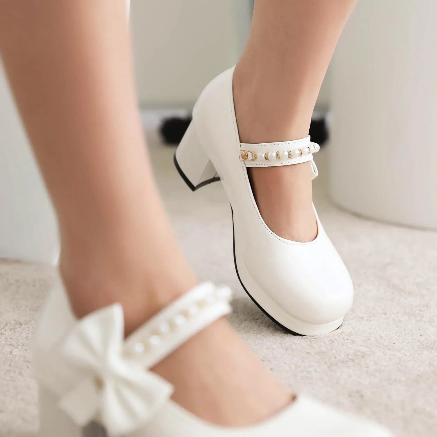 Women's Platform Mary Janes Chunky High Heel Kawaii Ankle Strap Patent Pumps Closed Round Toe Cute Bow Party Dress Goth Shoes