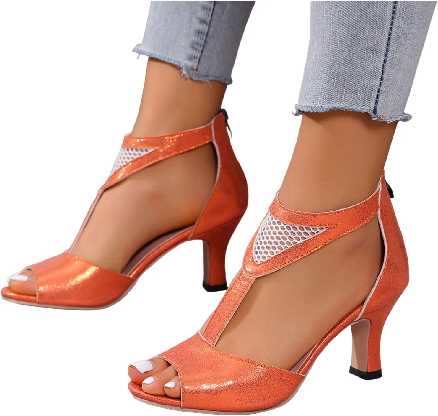 Womens Sandals Fashion Mid Heel Shoes Open Toe Pumps Heel Sandals Breathable Mesh Sandals Vacation Sandals