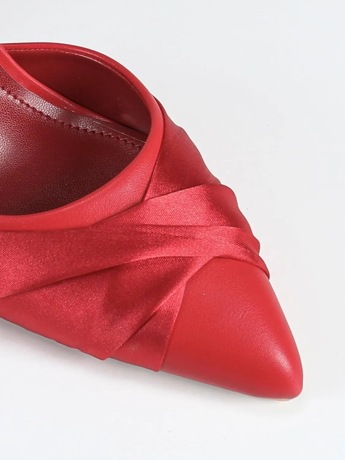 Women's Scarlet Satin Pleated Heel Sandals – Crystal Buckle Ankle Strap – Elegant Evening High Heels for Galas & Weddings