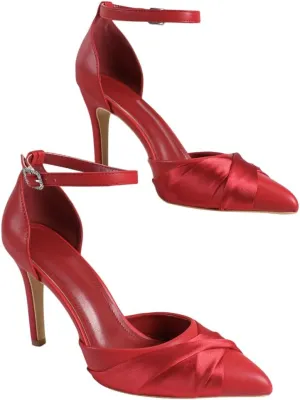 Women's Scarlet Satin Pleated Heel Sandals – Crystal Buckle Ankle Strap – Elegant Evening High Heels for Galas & Weddings