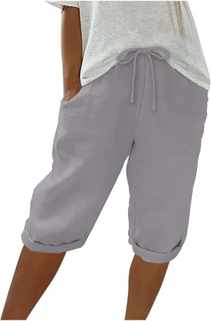 Womens Shorts 2025 Summer Linen Wide Leg Pants Drawstring High Waist Bermuda Pants with Pockets Casual Beach Shorts
