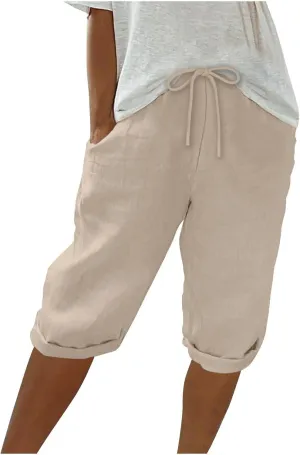 Womens Shorts 2025 Summer Linen Wide Leg Pants Drawstring High Waist Bermuda Pants with Pockets Casual Beach Shorts