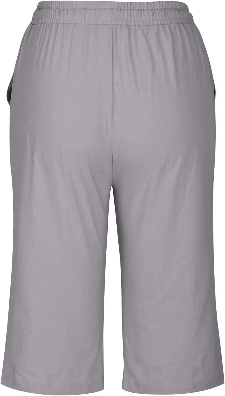 Womens Shorts 2025 Summer Linen Wide Leg Pants Drawstring High Waist Bermuda Pants with Pockets Casual Beach Shorts