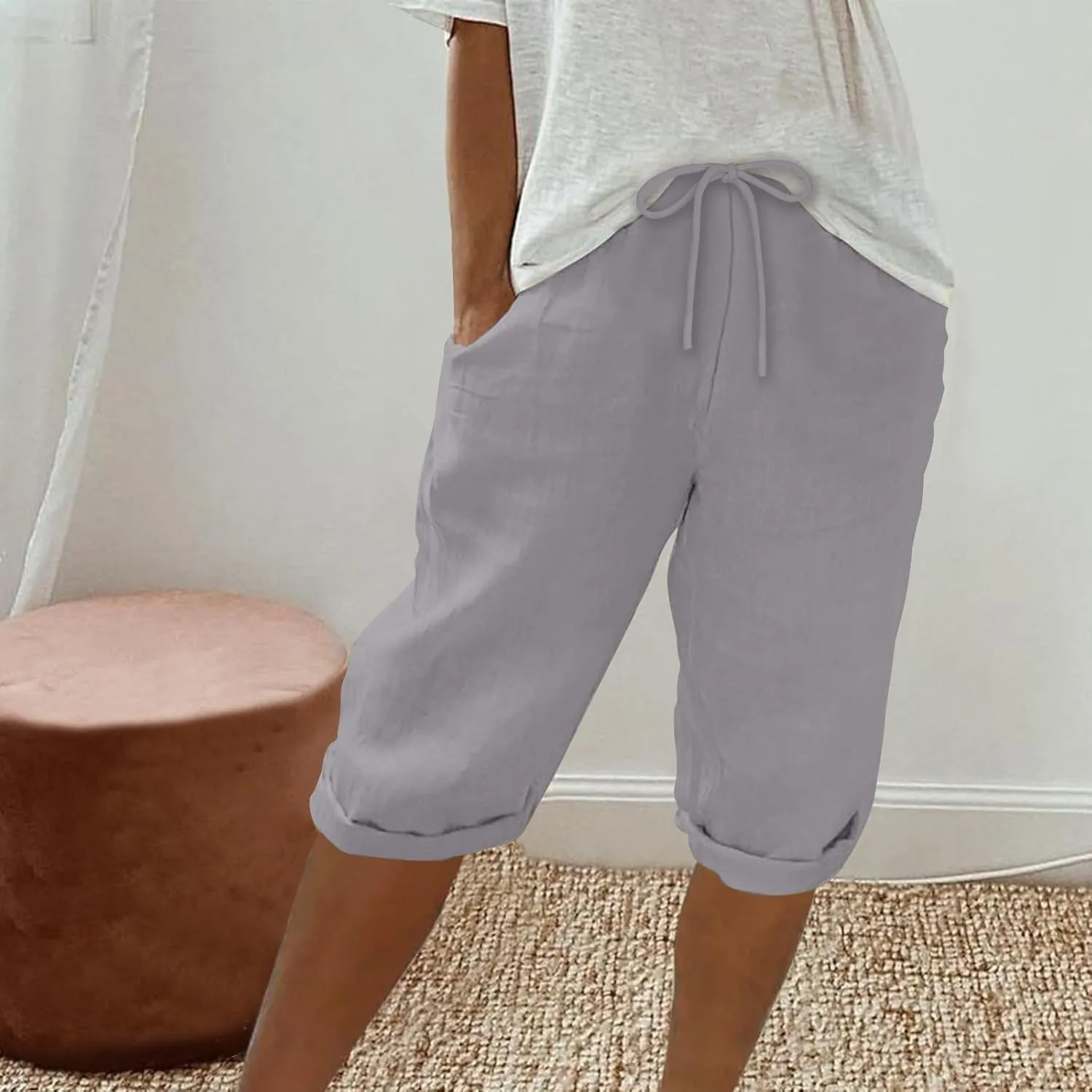 Womens Shorts 2025 Summer Linen Wide Leg Pants Drawstring High Waist Bermuda Pants with Pockets Casual Beach Shorts