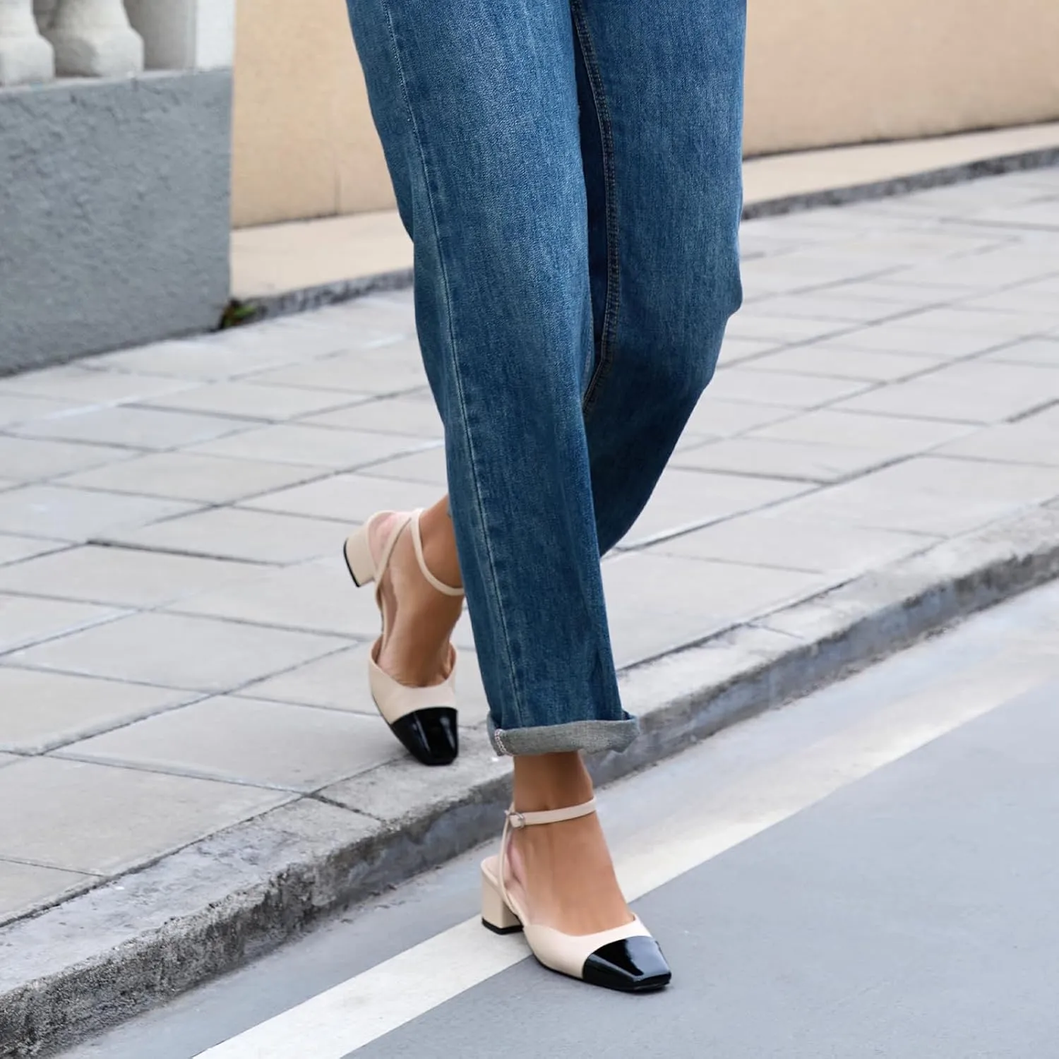 Women's Slingback Pumps Chunky Heels Sexy Splicing Square Closed Heels with Adjustable Ankle Strap Dress Shoes for Office Casual Party Dress Shoes