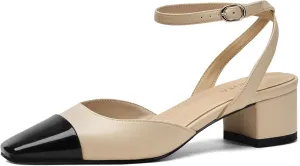 Women's Slingback Pumps Chunky Heels Sexy Splicing Square Closed Heels with Adjustable Ankle Strap Dress Shoes for Office Casual Party Dress Shoes