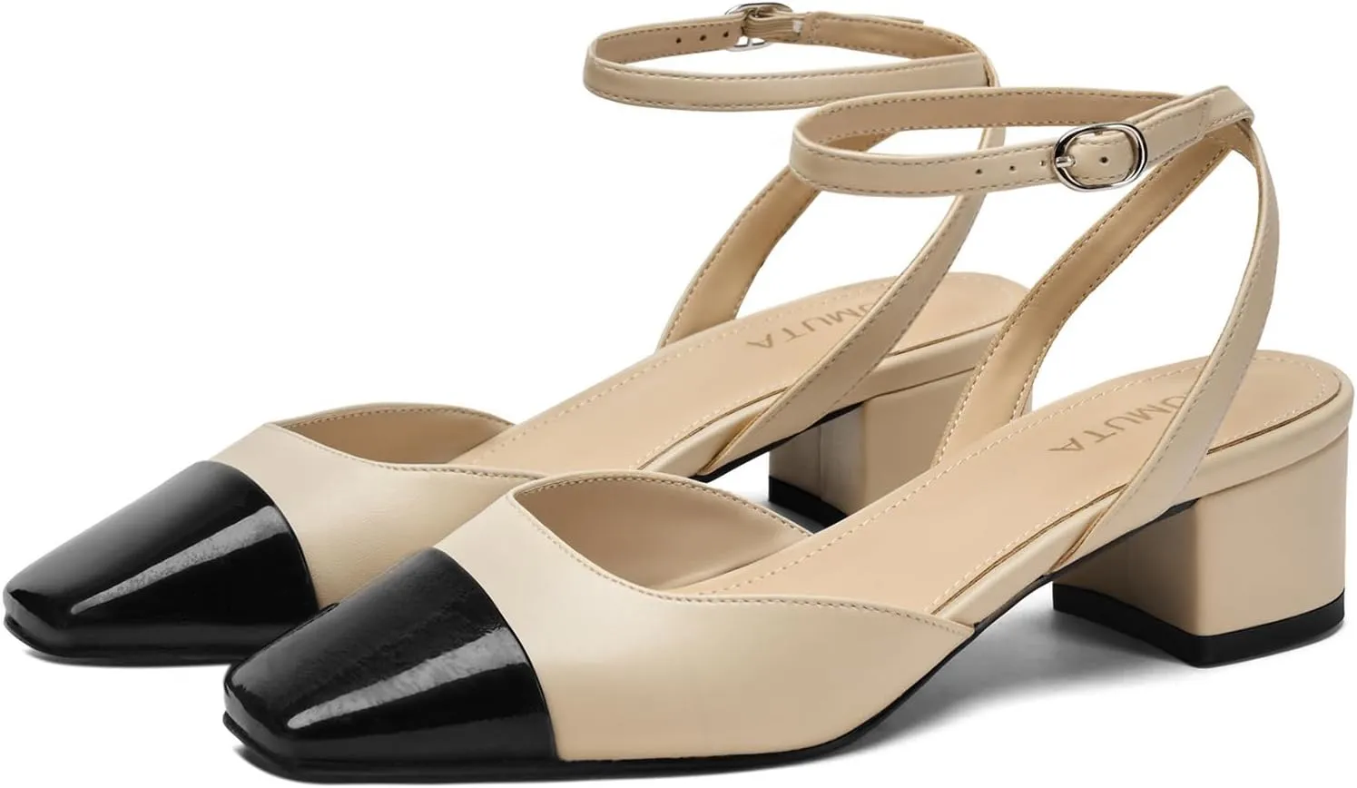 Women's Slingback Pumps Chunky Heels Sexy Splicing Square Closed Heels with Adjustable Ankle Strap Dress Shoes for Office Casual Party Dress Shoes
