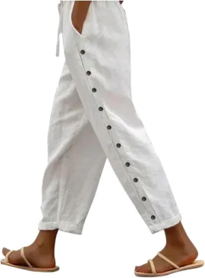 Women's Solid Color Elastic Waist Loose Side Button Decoration Versatile Nine Point Travel Pants for Women (4-White, L), Large