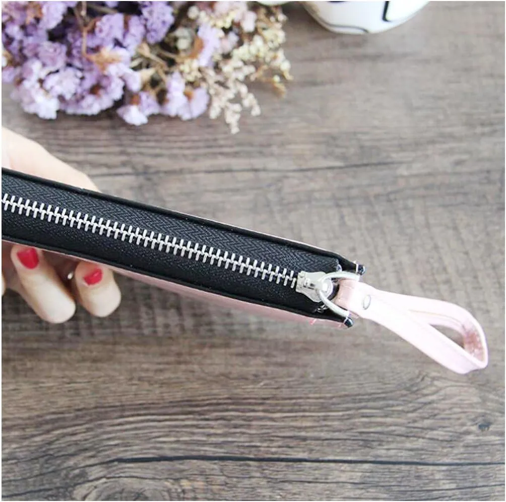 Women's Solid Color PU Leather Wristlet Clutches Purse Wallet Credit ID Cards Holder