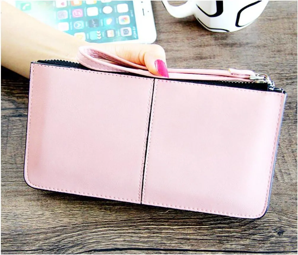 Women's Solid Color PU Leather Wristlet Clutches Purse Wallet Credit ID Cards Holder