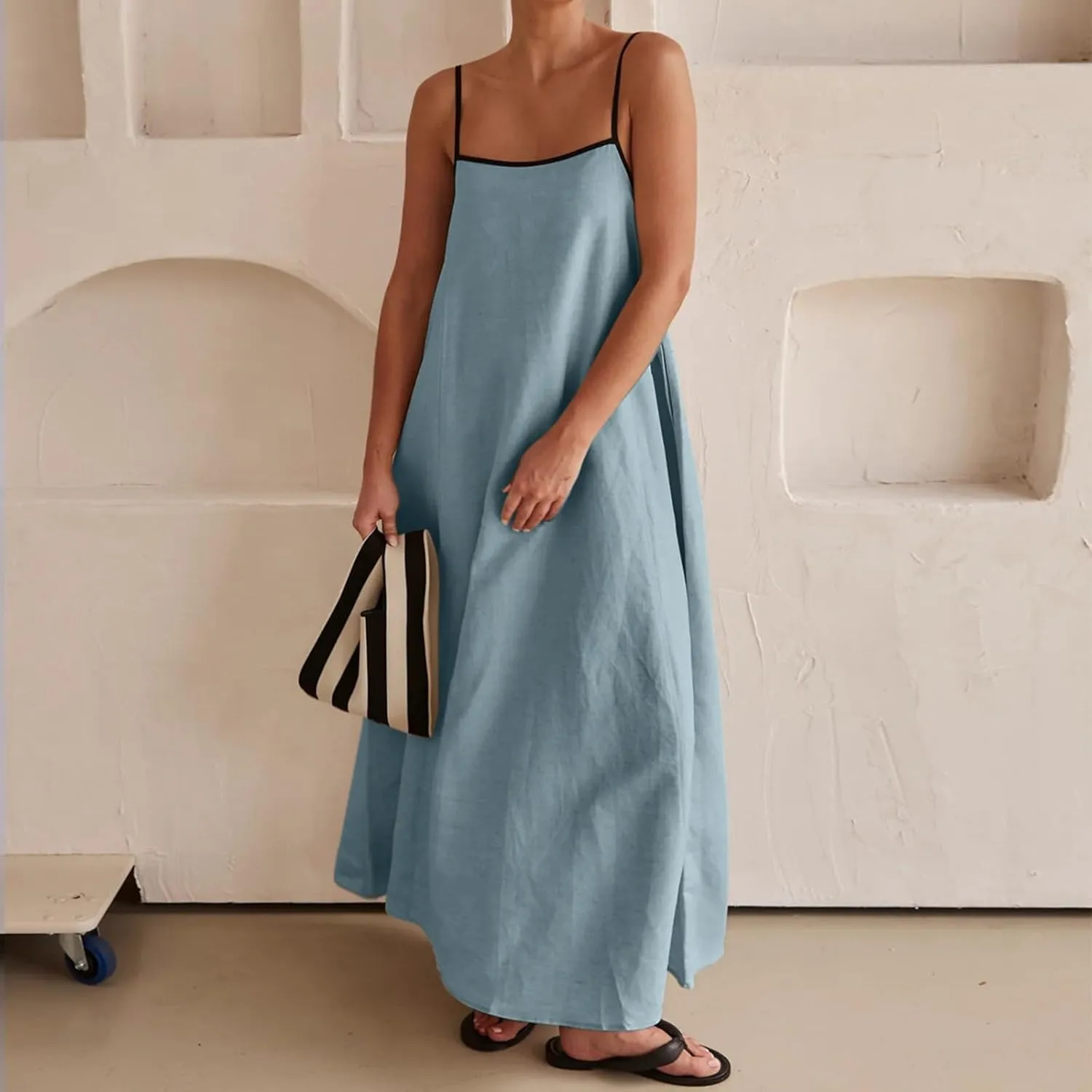 Womens Summer Linen Dress Sleeveless Spaghetti Strap Casual Maxi Dress Comfy Loose A Line Beach Vacation Sundresses