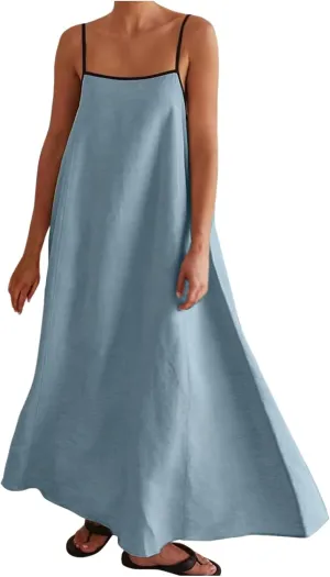 Womens Summer Linen Dress Sleeveless Spaghetti Strap Casual Maxi Dress Comfy Loose A Line Beach Vacation Sundresses