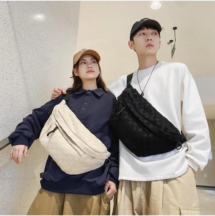 Women's Summer Plaid Zipper Belt Bag, Large Capacity Shoulder Messenger Waist Bag, Fashionable for Travel, School, Casual (Black White)