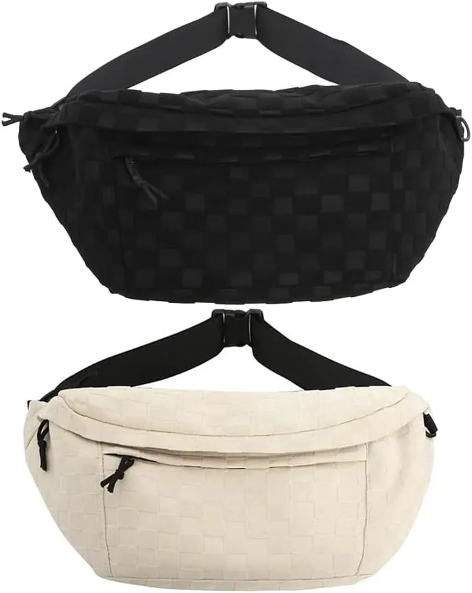 Women's Summer Plaid Zipper Belt Bag, Large Capacity Shoulder Messenger Waist Bag, Fashionable for Travel, School, Casual (Black White)