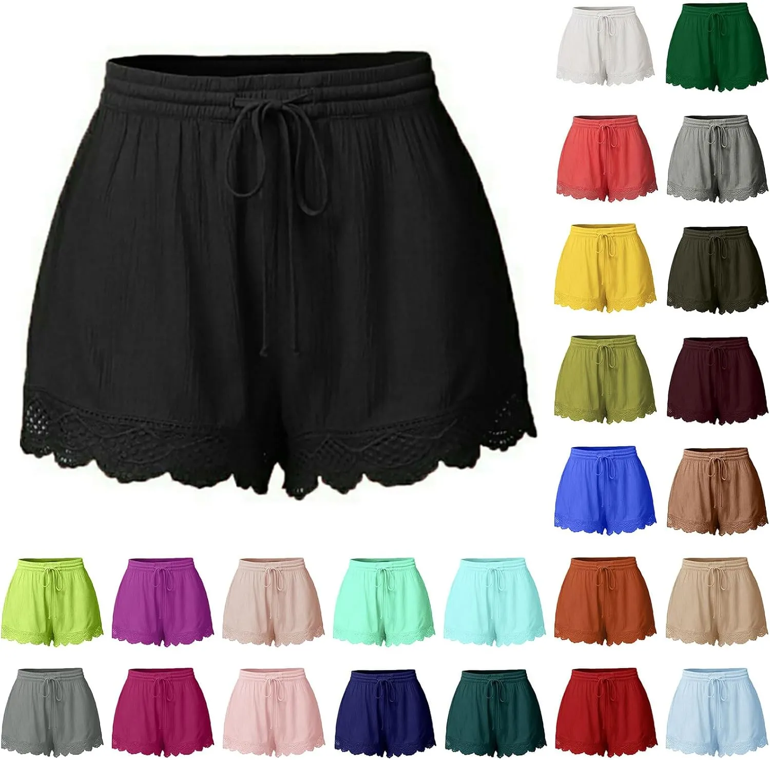 Womens Summer Shorts 2024 Plus Size Casual Lace Trim Elastic Waist Drawstring Lounge Shorts Beach Ruffle Flowy Shorts