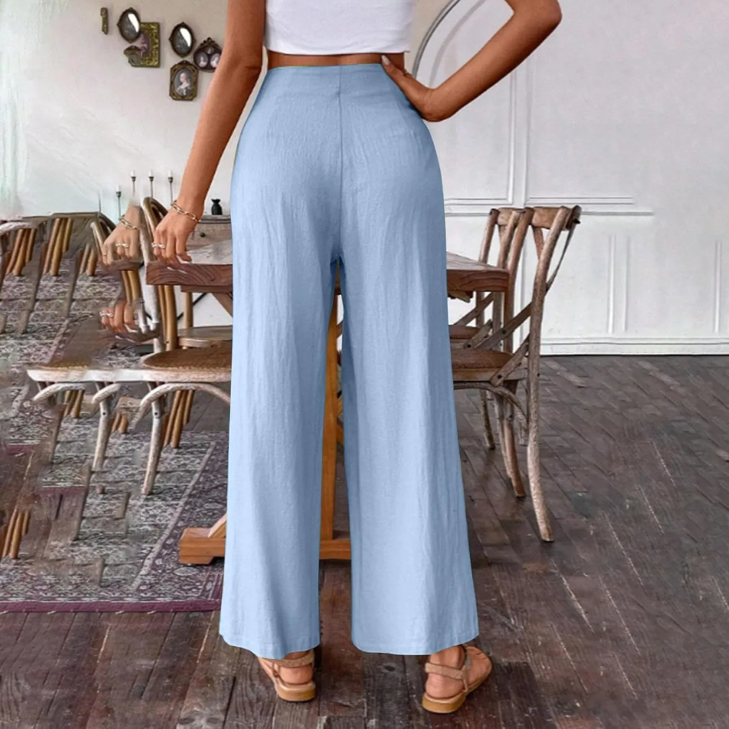 Women's Summer Wide Leg Palazzo Pants Fashion High Waistd Loose Elastic Waist Slacks Casual Going Out Flowy Trousers