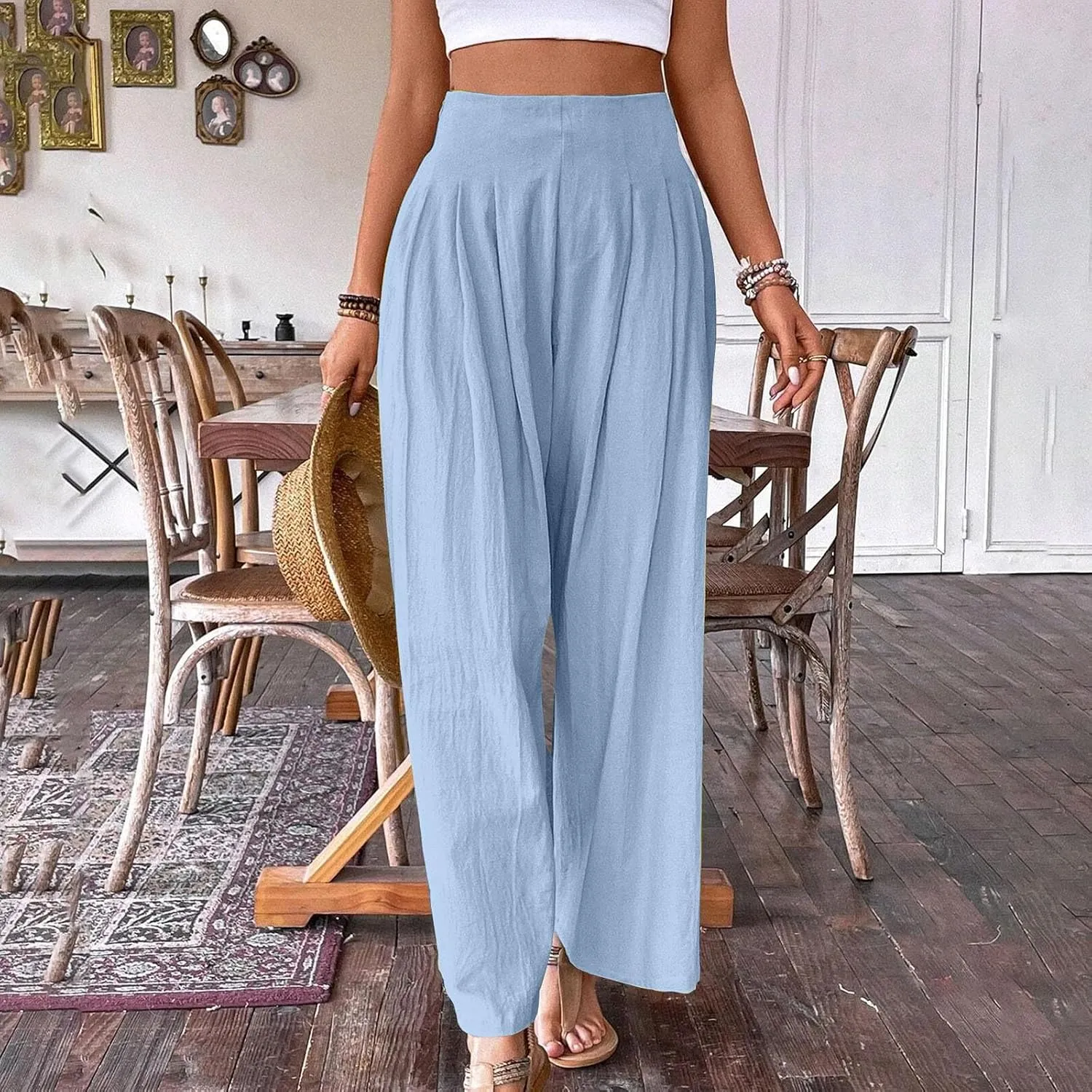 Women's Summer Wide Leg Palazzo Pants Fashion High Waistd Loose Elastic Waist Slacks Casual Going Out Flowy Trousers