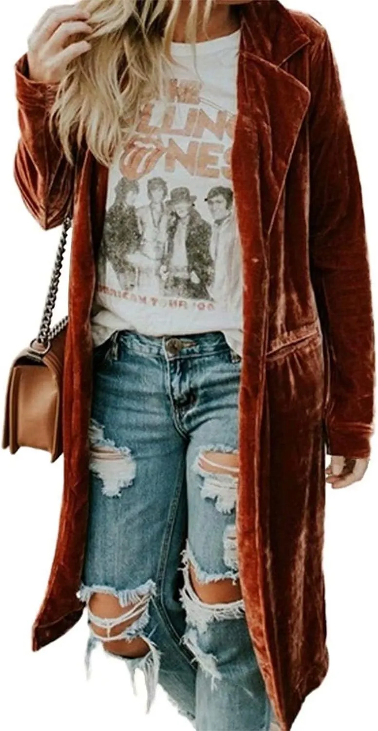 Womens Velvet Long Sleeve Pocket Casual Open Front Lapel Collar Cardigan Outwear Long Velvet Blazers Coat Casual Jackets