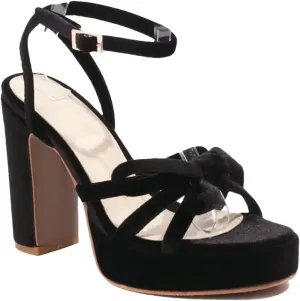 Women's Velvet Platform Sandals, Burgundy Ankle Wrap Thick Heel Party
