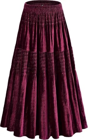 Women's Velvet Pleated Midi Skirt Elastic High Waist Fall Winter Tiered A-Line Party Long Skirts