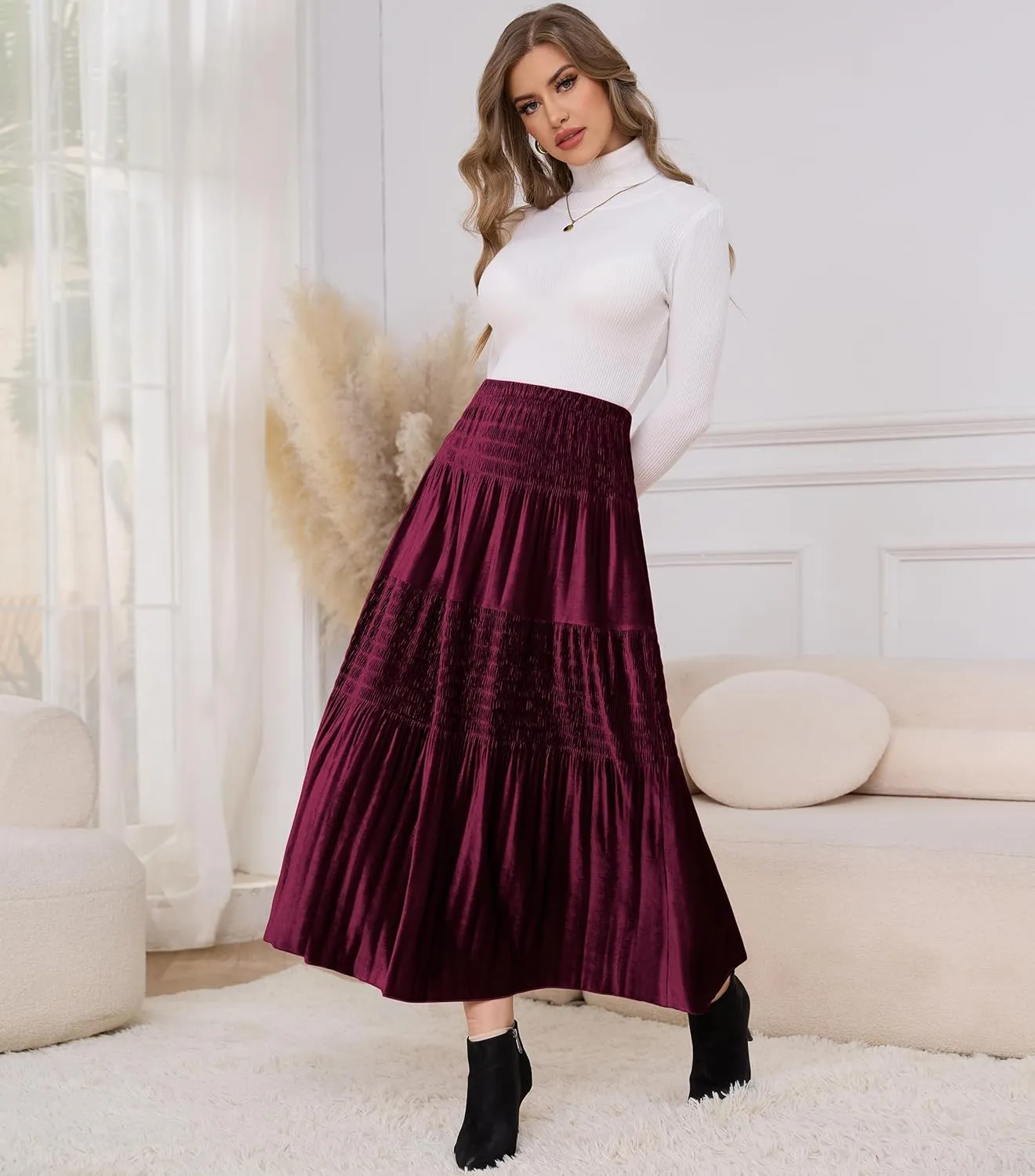 Women's Velvet Pleated Midi Skirt Elastic High Waist Fall Winter Tiered A-Line Party Long Skirts