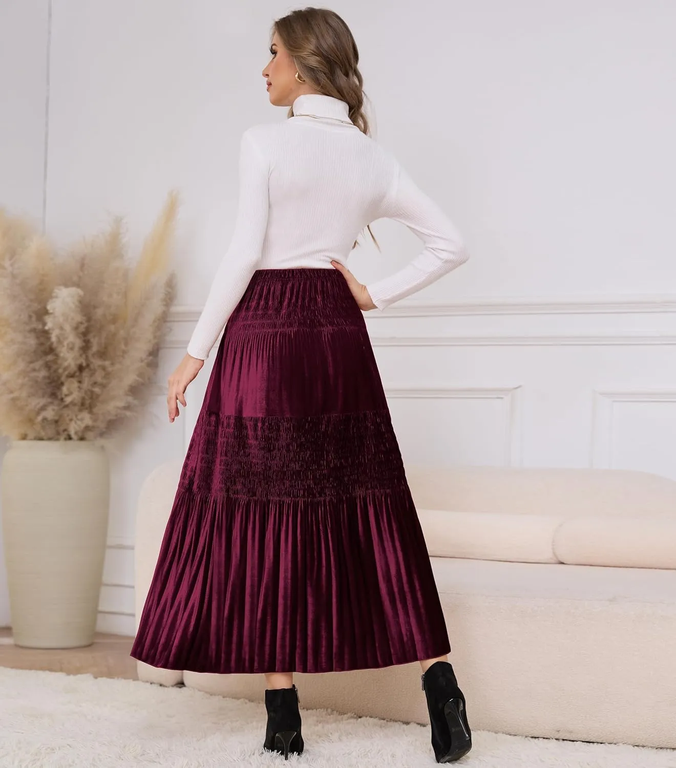 Women's Velvet Pleated Midi Skirt Elastic High Waist Fall Winter Tiered A-Line Party Long Skirts