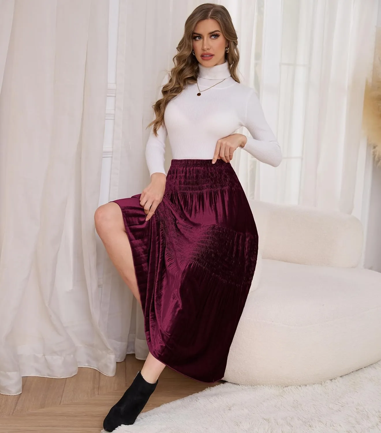 Women's Velvet Pleated Midi Skirt Elastic High Waist Fall Winter Tiered A-Line Party Long Skirts