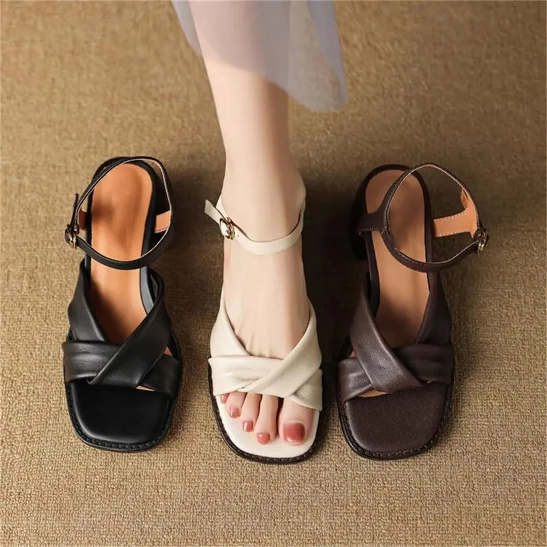 Women's Vintage Gladiator Sandals Chunky Heel Non-Slip Sole Sheepskin Back Strap Roman Casual Sandals