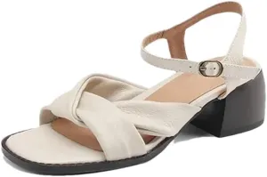 Women's Vintage Gladiator Sandals Chunky Heel Non-Slip Sole Sheepskin Back Strap Roman Casual Sandals