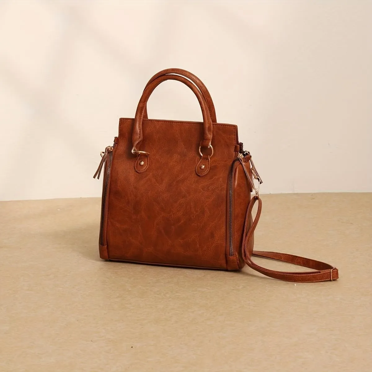 Women's vintage leather handbag, multifunctional handheld storage bag, business zipper bag, with multiple pockets