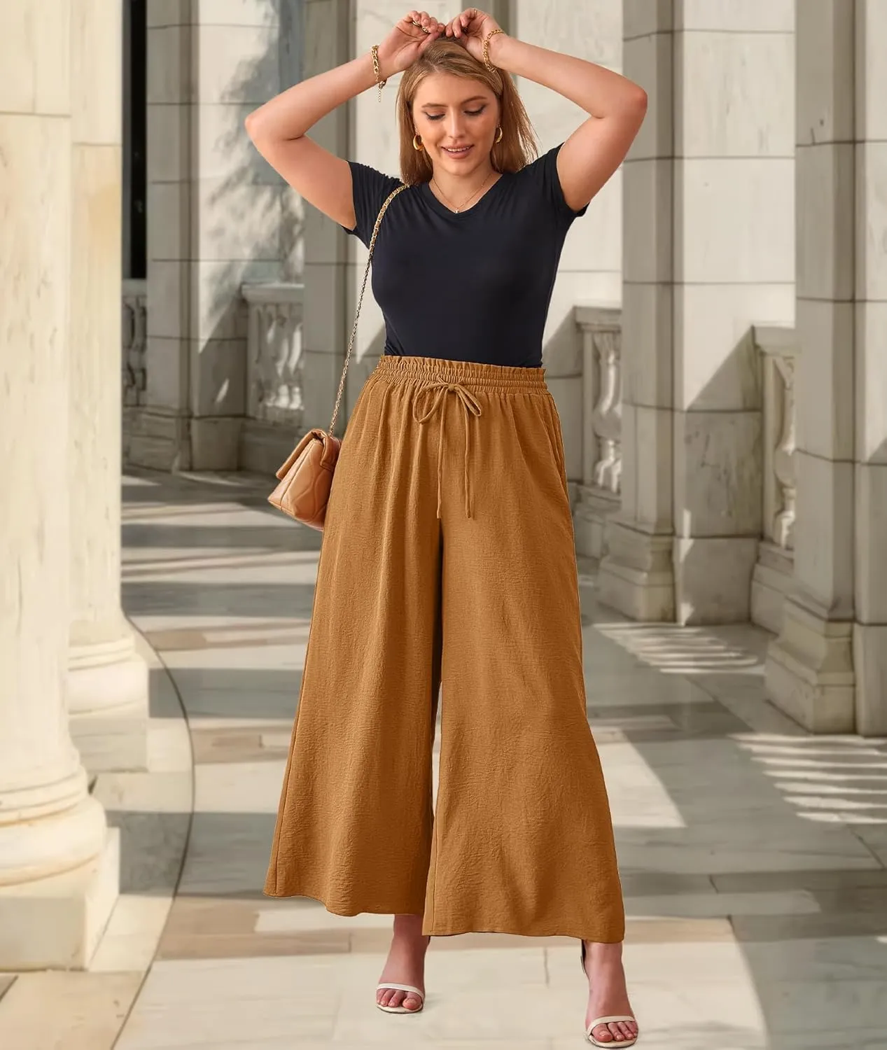 Women's Wide Leg Linen Pants High Waisted Flowy Palazzo Pants Lounge Loose Casual Work Pants Trousers Pockets