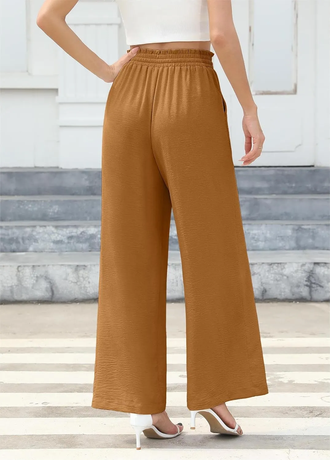 Women's Wide Leg Linen Pants High Waisted Flowy Palazzo Pants Lounge Loose Casual Work Pants Trousers Pockets