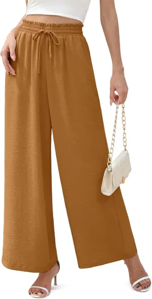 Women's Wide Leg Linen Pants High Waisted Flowy Palazzo Pants Lounge Loose Casual Work Pants Trousers Pockets