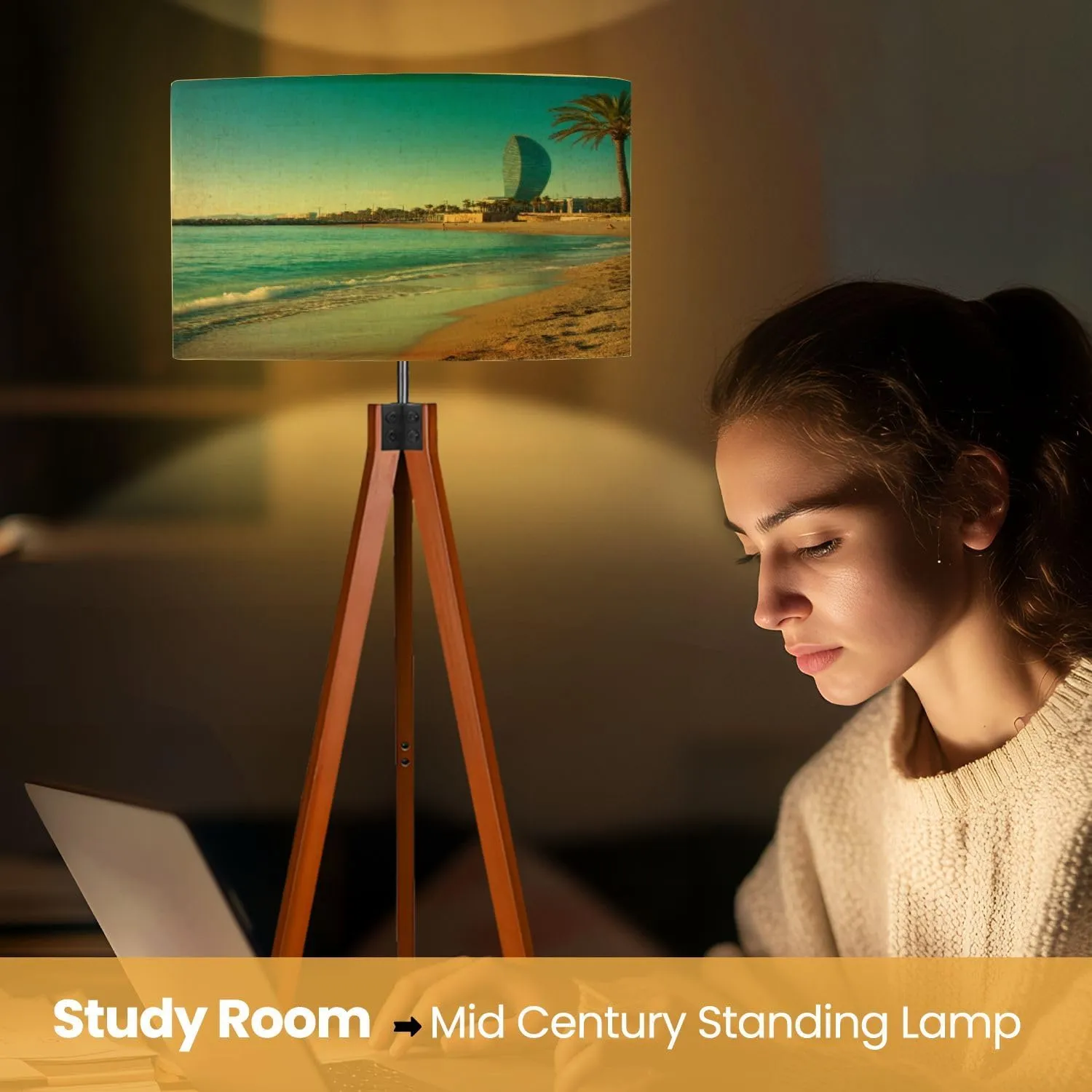 Wood Tripod Floor Lamp for Bedroom, Modern Barceloneta Beach Colorful Sky Sunrise Seafront Beach Coast Spain Reading Standing Lamp, Mid Century Night Light for Study Room Living Room Office