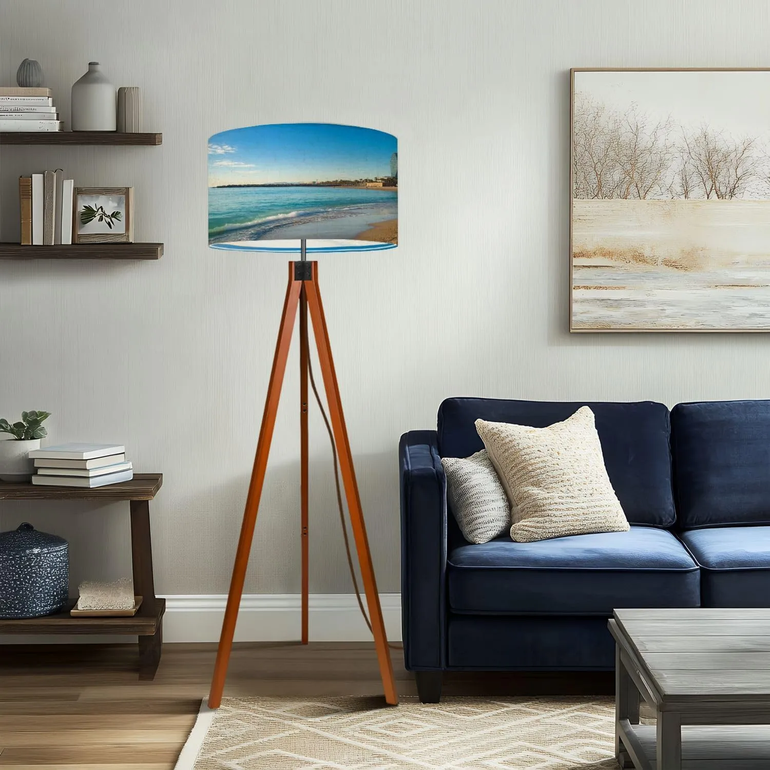 Wood Tripod Floor Lamp for Bedroom, Modern Barceloneta Beach Colorful Sky Sunrise Seafront Beach Coast Spain Reading Standing Lamp, Mid Century Night Light for Study Room Living Room Office