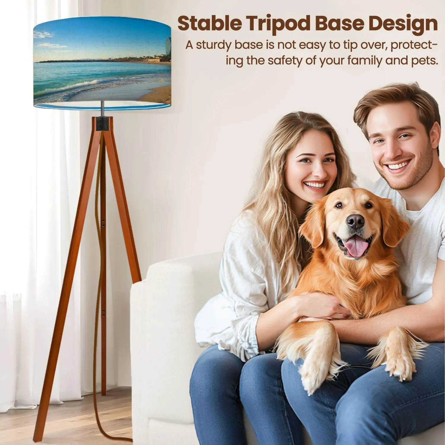 Wood Tripod Floor Lamp for Bedroom, Modern Barceloneta Beach Colorful Sky Sunrise Seafront Beach Coast Spain Reading Standing Lamp, Mid Century Night Light for Study Room Living Room Office