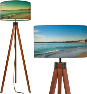 Wood Tripod Floor Lamp for Bedroom, Modern Barceloneta Beach Colorful Sky Sunrise Seafront Beach Coast Spain Reading Standing Lamp, Mid Century Night Light for Study Room Living Room Office