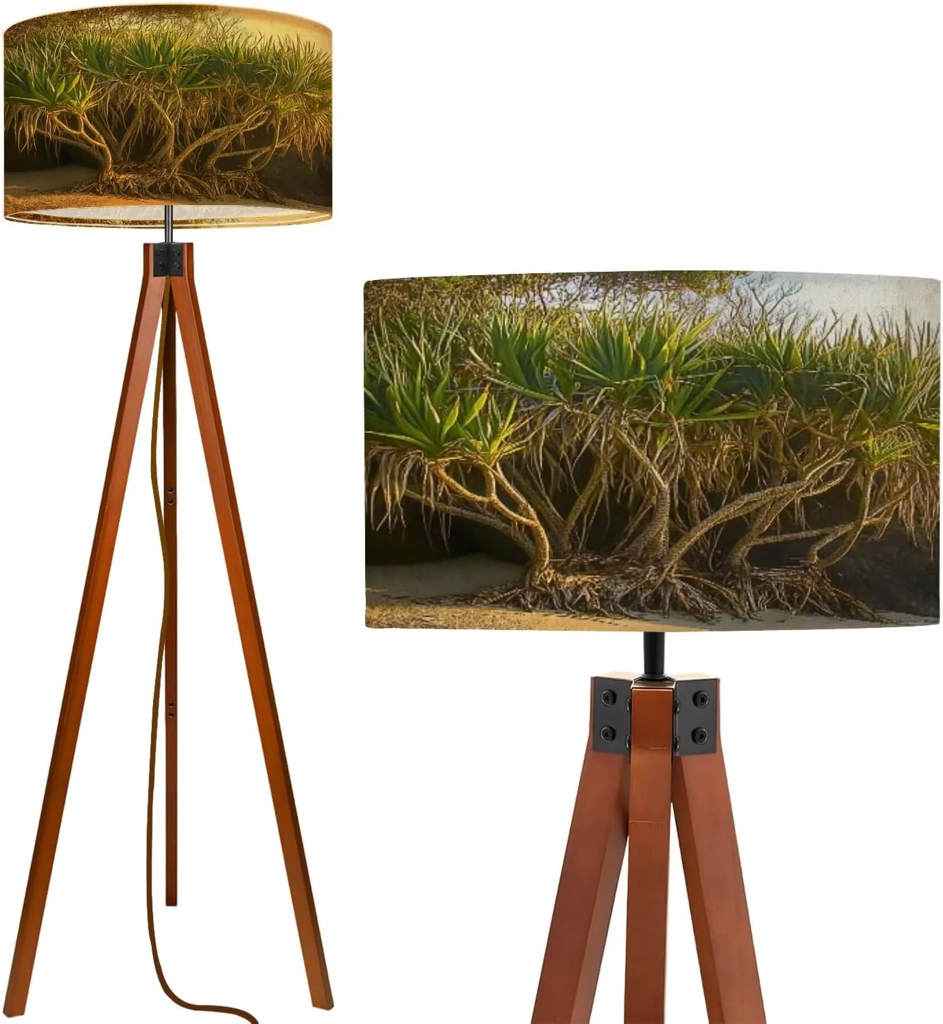 Wood Tripod Floor Lamp for Bedroom, Modern Pandanas Plant Noosa Reading Standing Lamp, Mid Century Night Light for Study Room Living Room Office