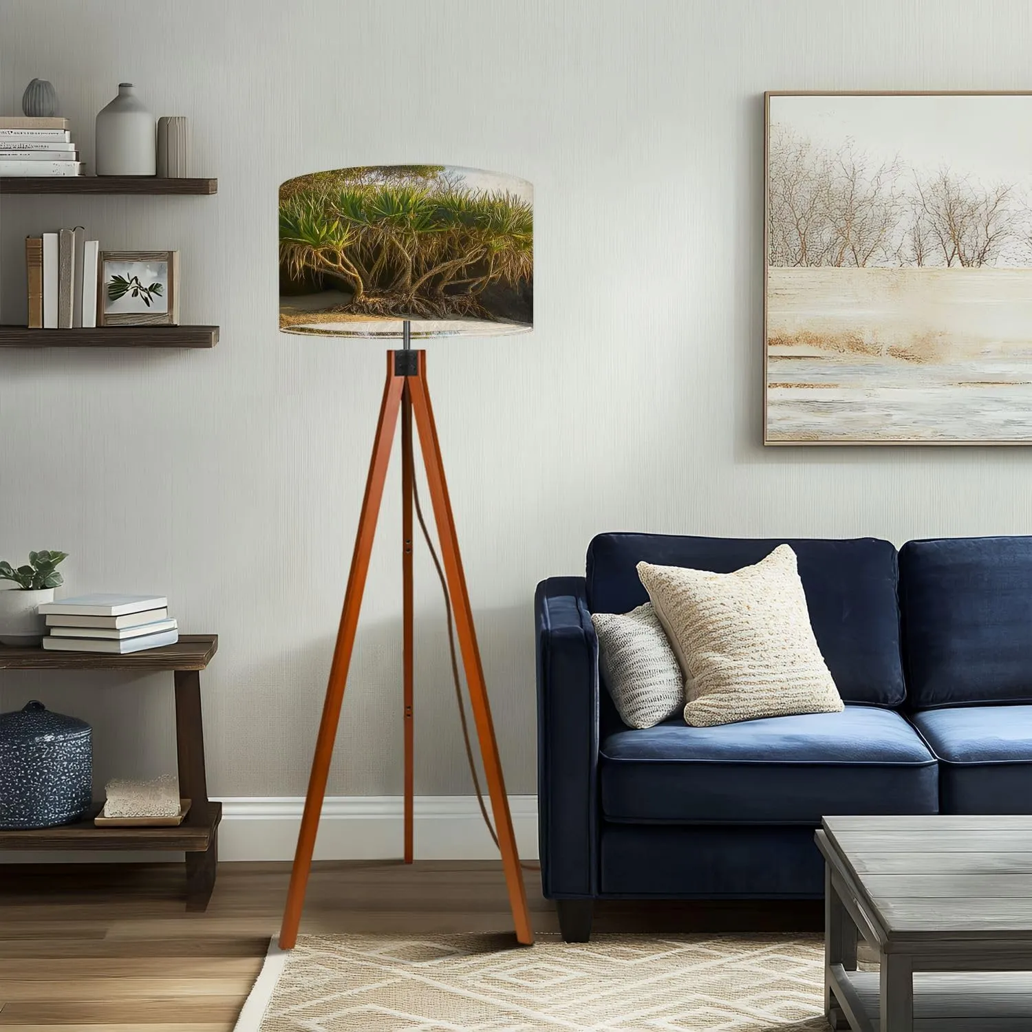 Wood Tripod Floor Lamp for Bedroom, Modern Pandanas Plant Noosa Reading Standing Lamp, Mid Century Night Light for Study Room Living Room Office