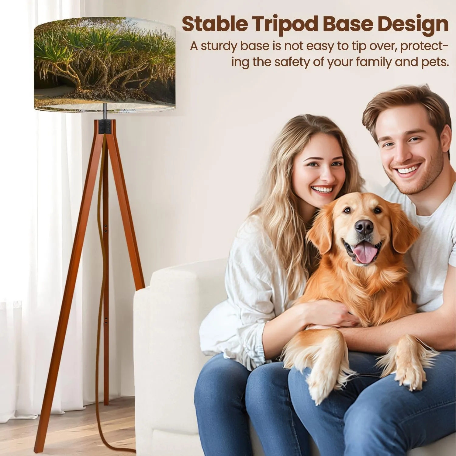 Wood Tripod Floor Lamp for Bedroom, Modern Pandanas Plant Noosa Reading Standing Lamp, Mid Century Night Light for Study Room Living Room Office
