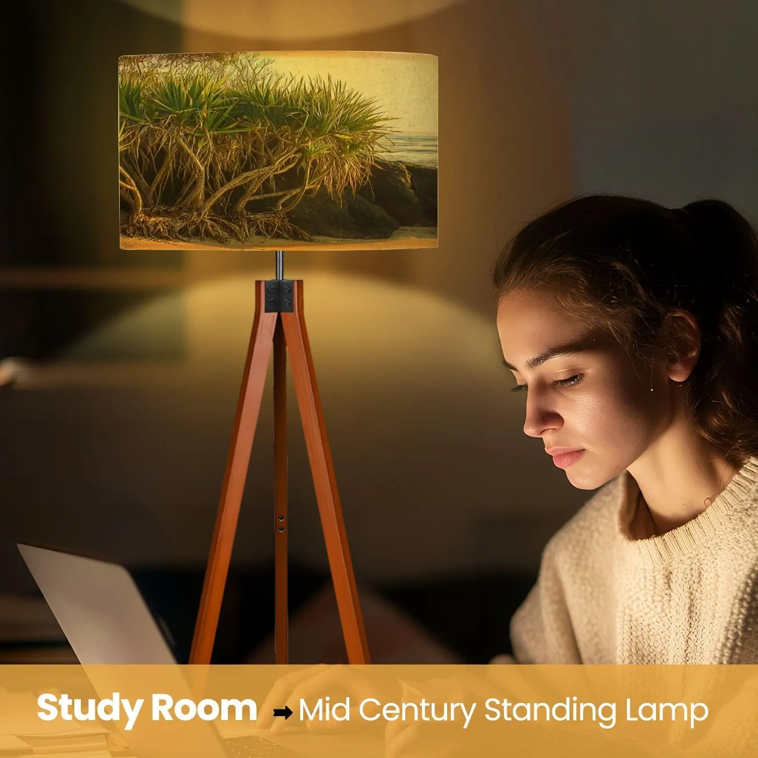 Wood Tripod Floor Lamp for Bedroom, Modern Pandanas Plant Noosa Reading Standing Lamp, Mid Century Night Light for Study Room Living Room Office