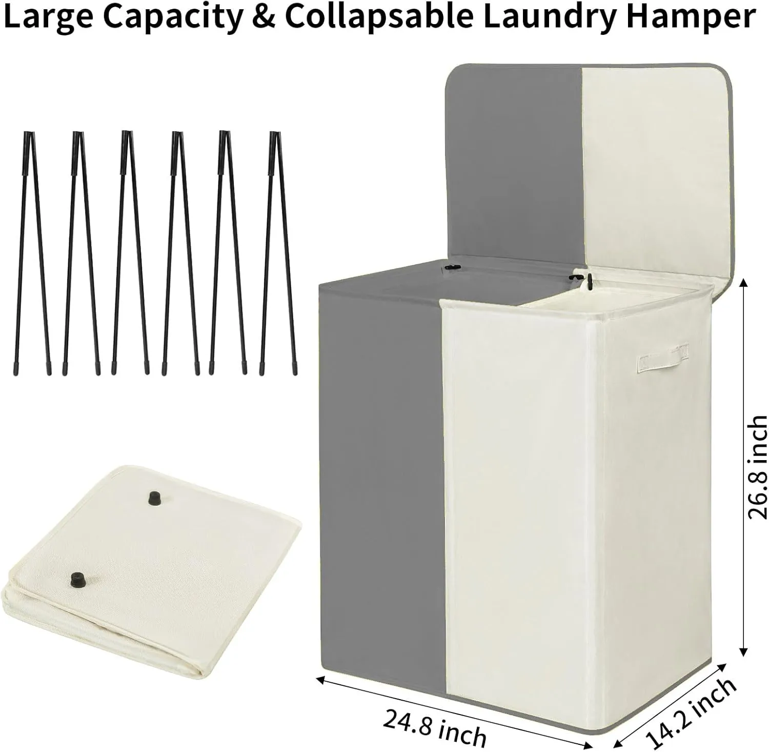 WOWLIVE Double Laundry Baseket with Lid and Removable Laundry Bags,154L Large Laundry Hamper 2 Section Collapsible Dirty Clothes Hamper for Laundry Room,College Dorm,Bathroom,Grey and Beige