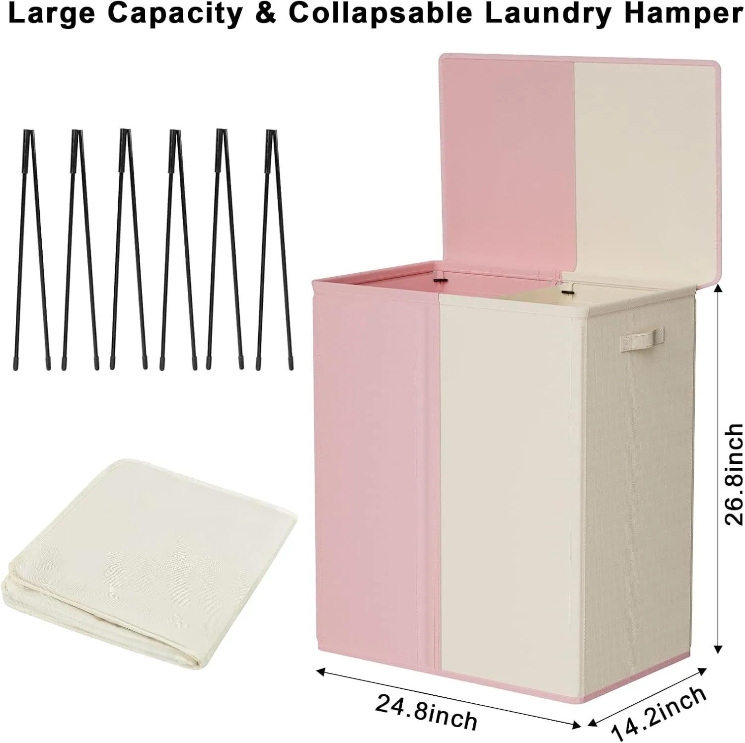 WOWLIVE Double Laundry Baseket with Lid and Removable Laundry Bags,154L Large Laundry Hamper 2 Section Collapsible Dirty Clothes Hamper for Laundry Room,College Dorm,Bathroom,Pink and Beige