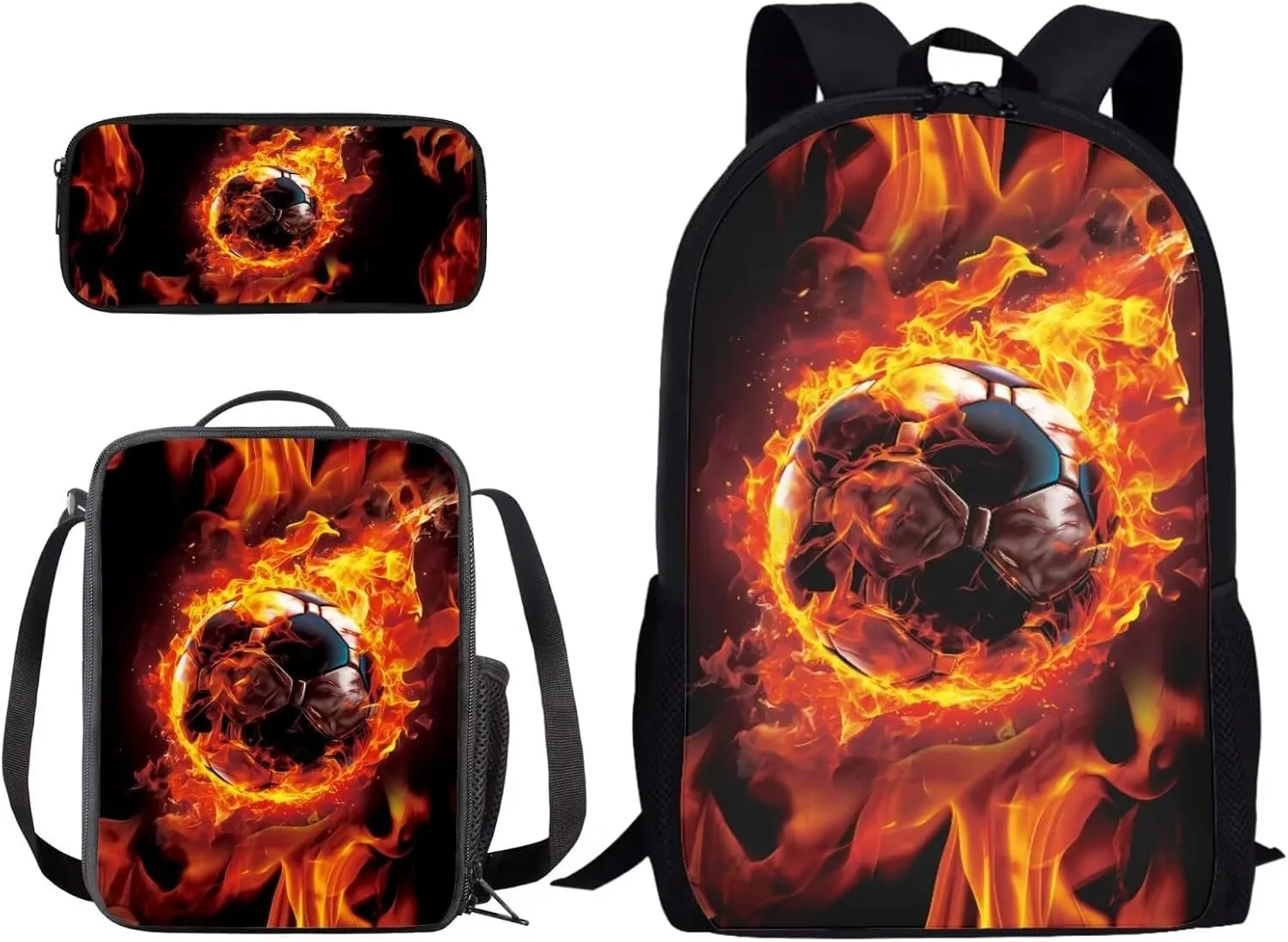 Xoenoiee Soccer with Fire Pattern Kids Backpack Set for Boys Girls School Bookbag Lunch Bag Pencil Bag 3 in 1 Set Hiking Travel Daypack