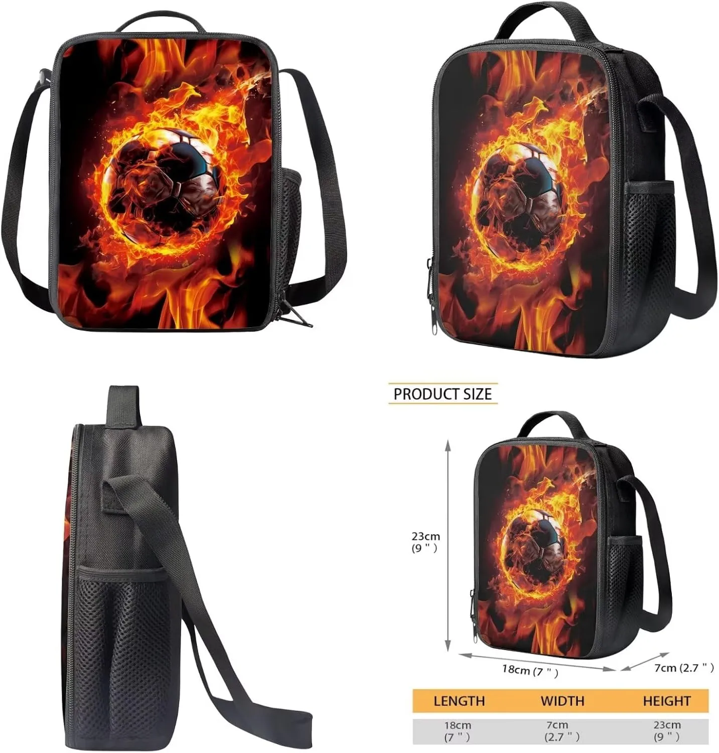 Xoenoiee Soccer with Fire Pattern Kids Backpack Set for Boys Girls School Bookbag Lunch Bag Pencil Bag 3 in 1 Set Hiking Travel Daypack