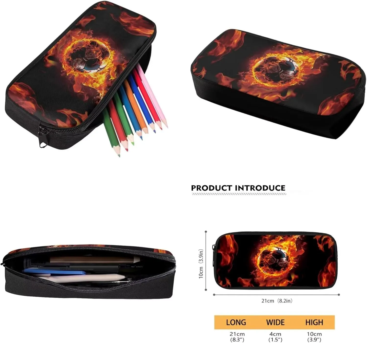 Xoenoiee Soccer with Fire Pattern Kids Backpack Set for Boys Girls School Bookbag Lunch Bag Pencil Bag 3 in 1 Set Hiking Travel Daypack