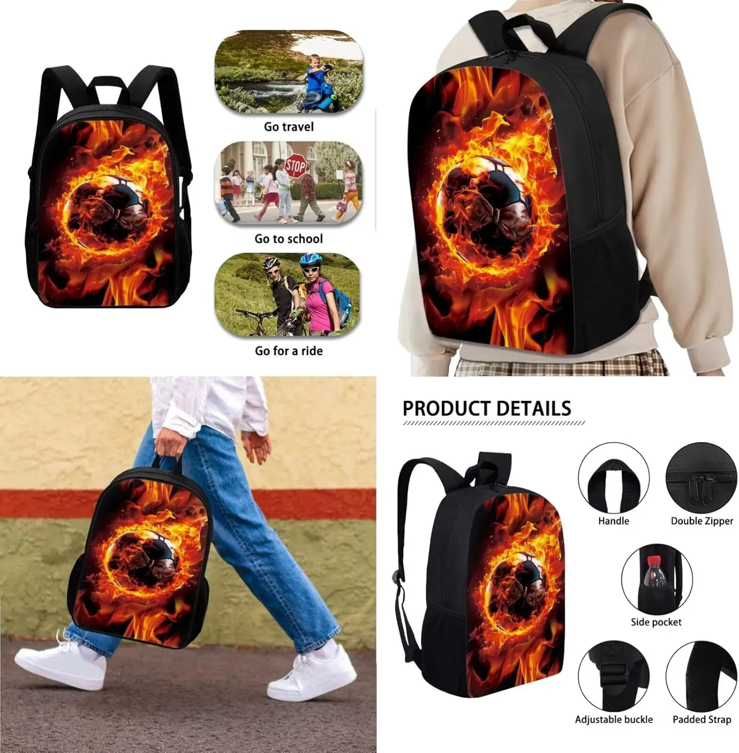 Xoenoiee Soccer with Fire Pattern Kids Backpack Set for Boys Girls School Bookbag Lunch Bag Pencil Bag 3 in 1 Set Hiking Travel Daypack