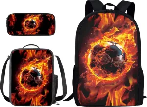 Xoenoiee Soccer with Fire Pattern Kids Backpack Set for Boys Girls School Bookbag Lunch Bag Pencil Bag 3 in 1 Set Hiking Travel Daypack